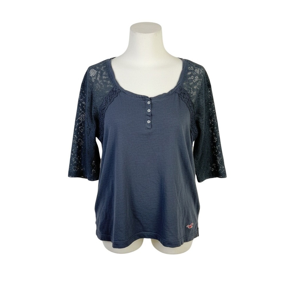 Y2K Hollister Navy Blue Lace Sleeve‎ Henley Top Knit Tee Small Bella Swan